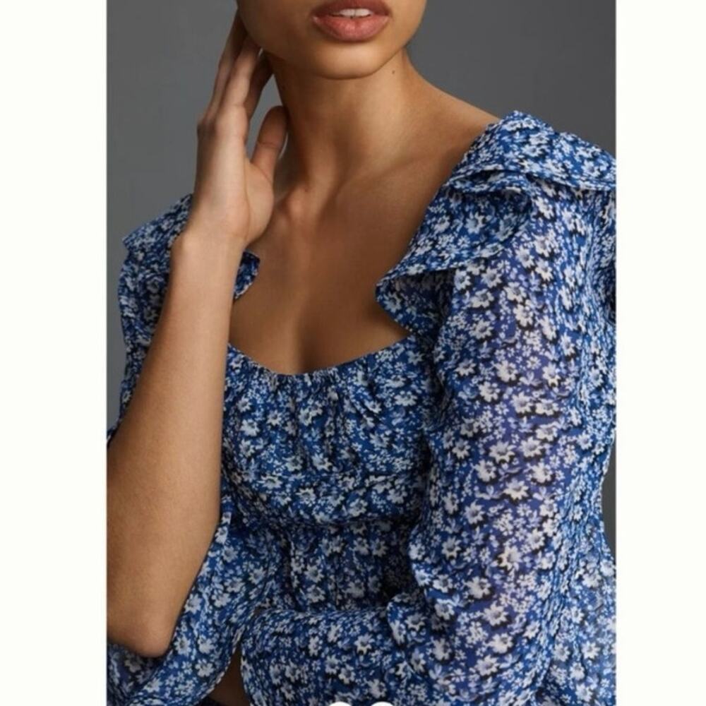 Anthropologie Maeve NWT Square-Neck Sheer Babydoll Floral Bell Sleeve Blouse - Picture 3 of 12